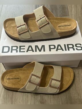 Dream Pairs Beige Double Strap Cork Footbed Slide Sandals Size 8.5 NWT